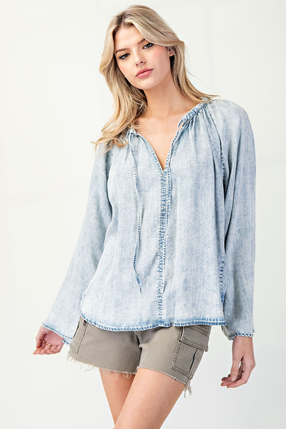 Mineral Washed Bell Sleeve Denim Top