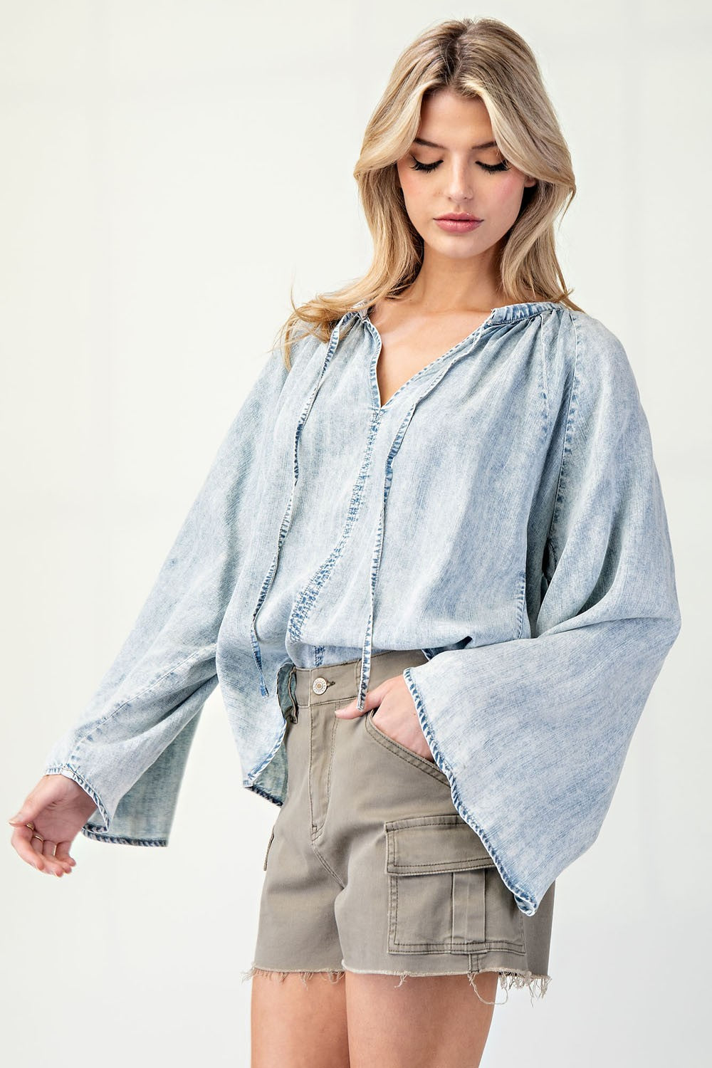 Mineral Washed Bell Sleeve Denim Top