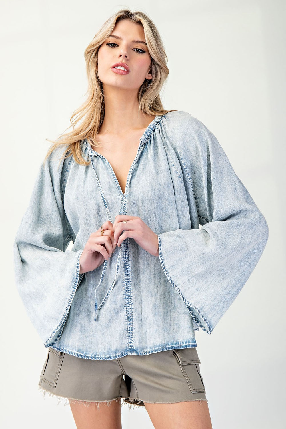 Mineral Washed Bell Sleeve Denim Top