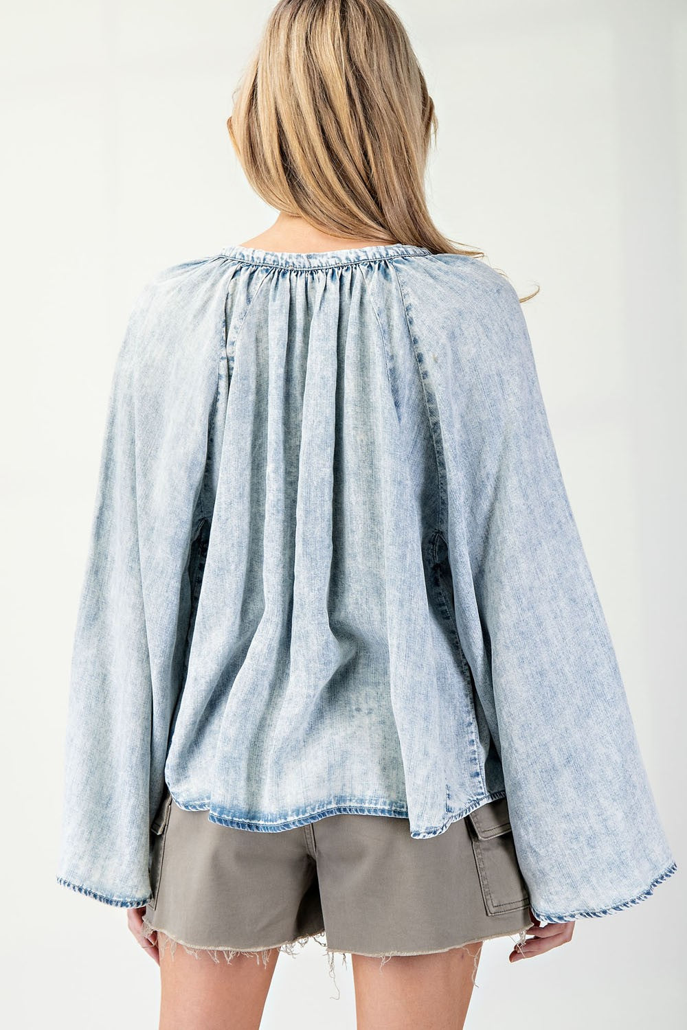 Mineral Washed Bell Sleeve Denim Top