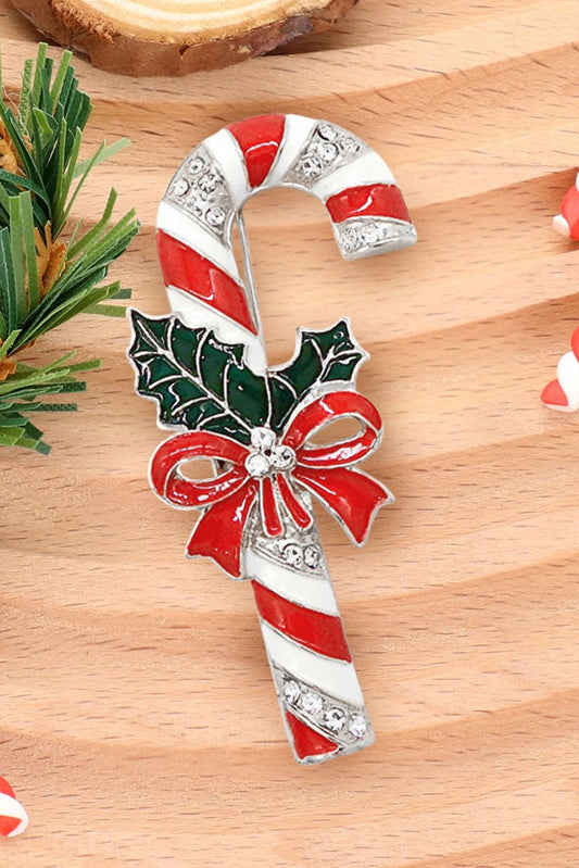 Stone Paved Enamel Christmas Cane Pin Brooch