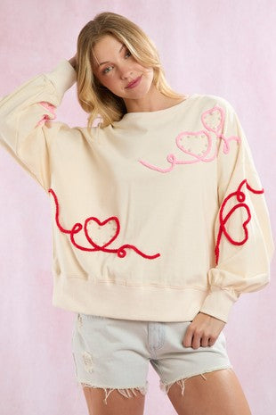 Hearts Thread Embroidery & Pearl Embellished Oversized Sweatshirt