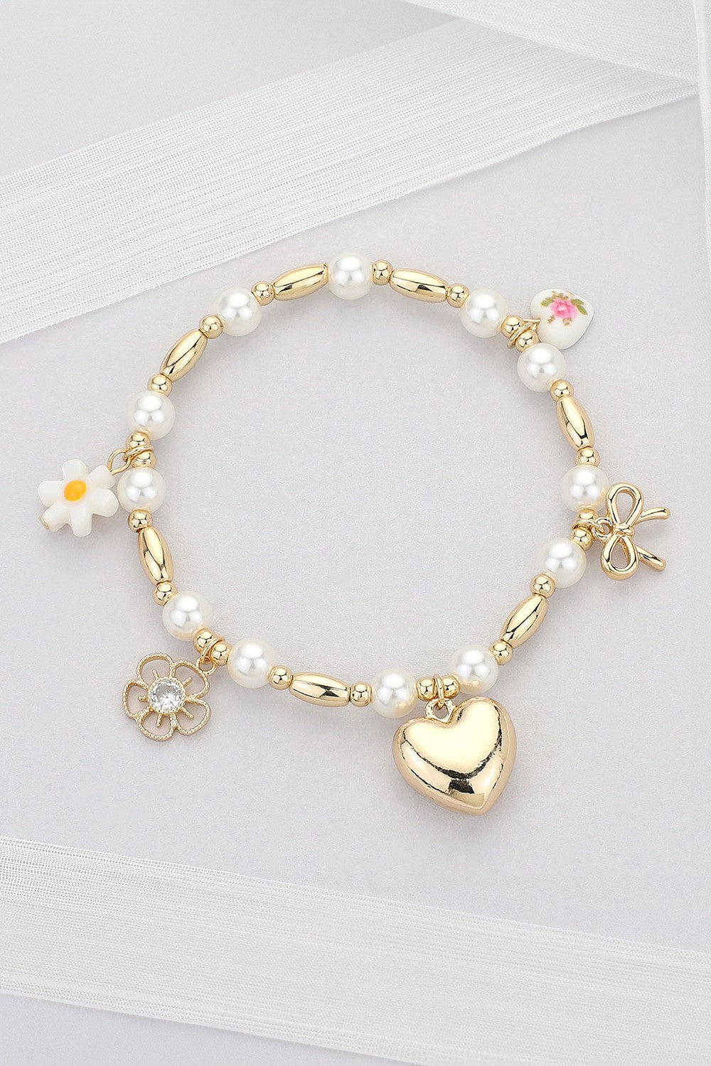 Metal Heart Bow Flower Ceramic Heart Charm Station Pearl Beaded Stretch Bracelet