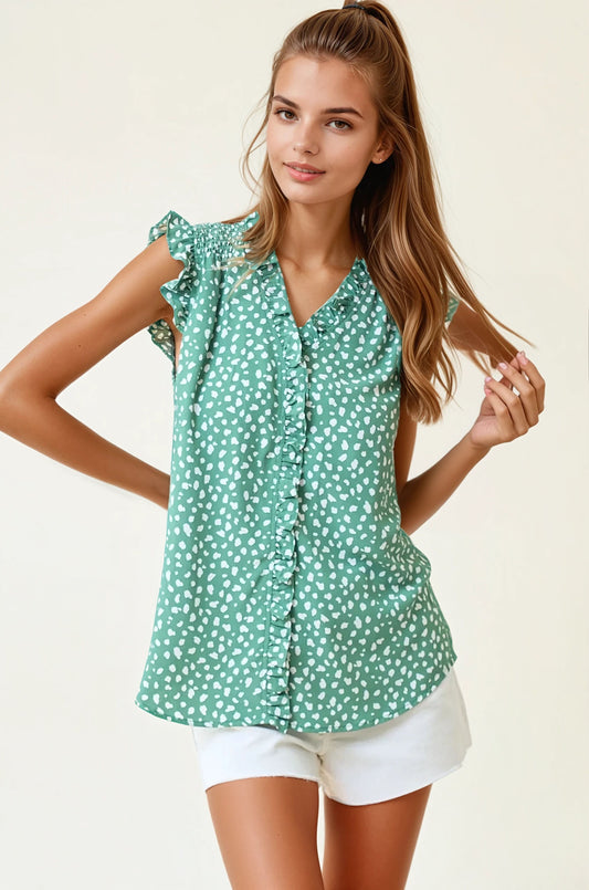 Smocked Print Frilled Top