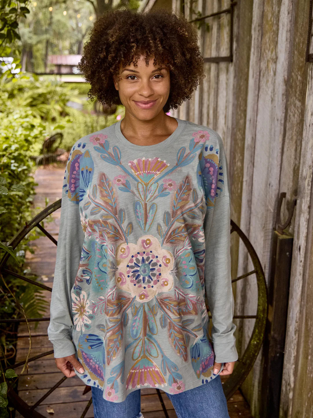 Natural Life Dusty Blue Flower Bouquet One Size Long Sleeve Cotton Easy Tee