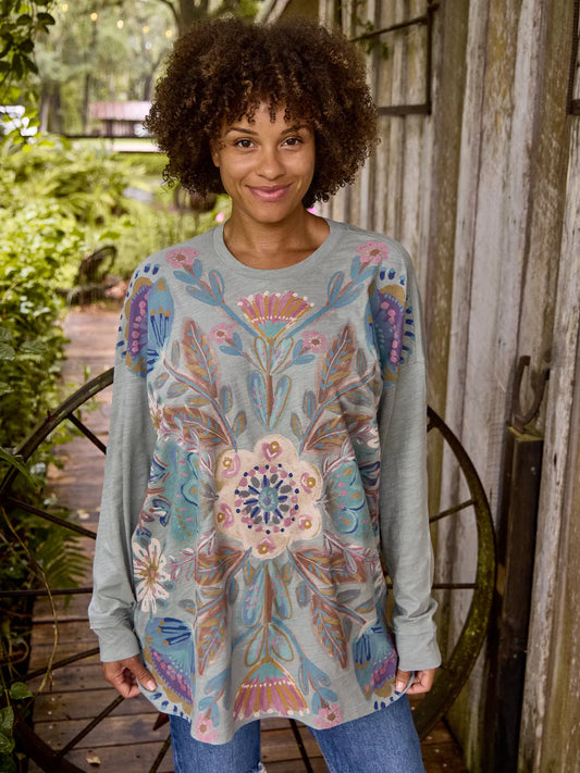 Natural Life Dusty Blue Flower Bouquet One Size Long Sleeve Cotton Easy Tee