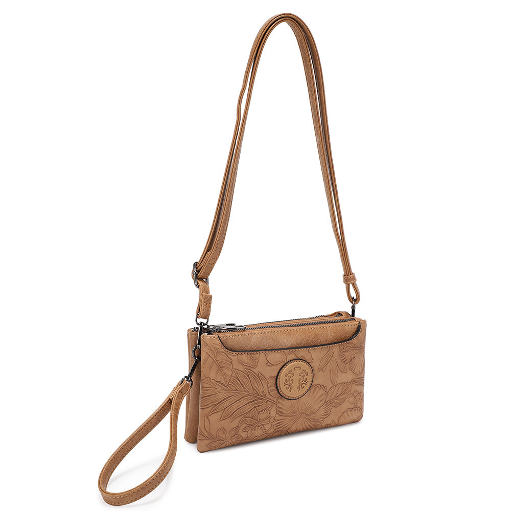 Golden Saddle Tooled Crossbody Wristlet