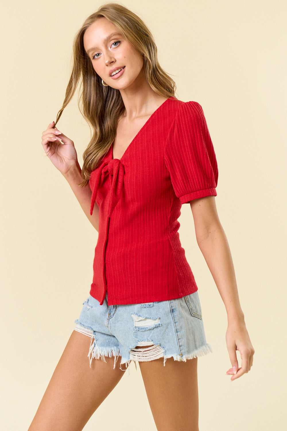 Tie Front Pointelle Knit Blouse