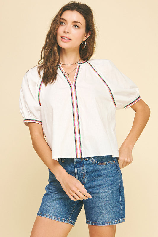 Piping Detail Puff Sleeves Shirt