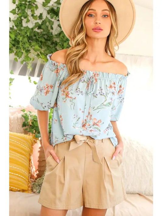 Off-The-Shoulder Short Puff Sleeve Floral Print Top