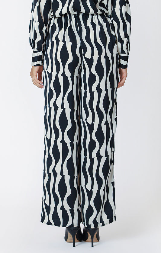 Black & White Wave Satin Wide Leg Pants