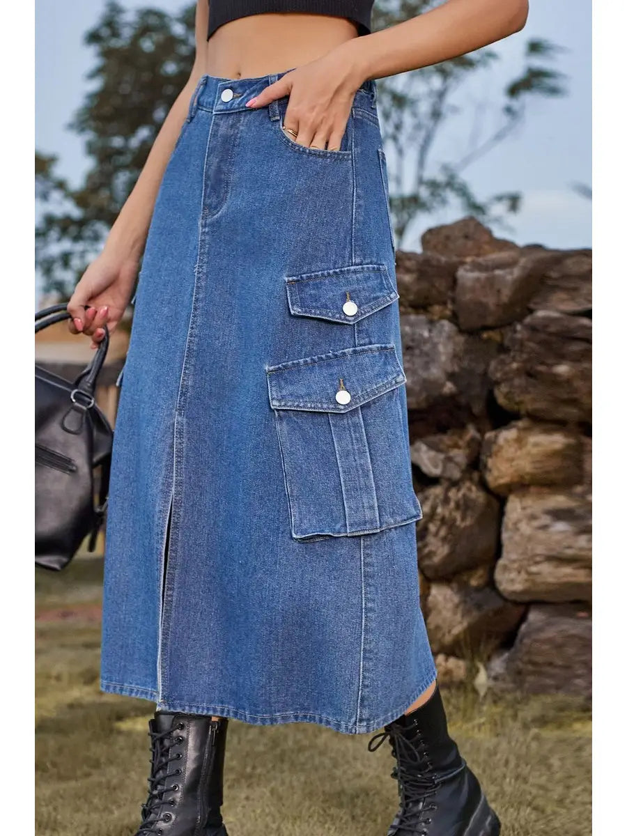 Front Split Long Length Denim Skirt
