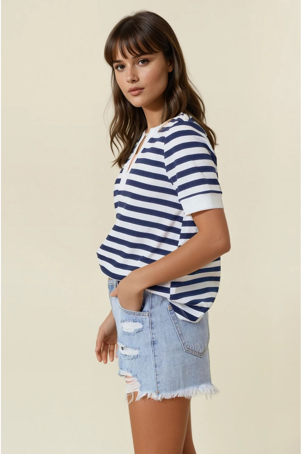 Split V-Neck Striped Top