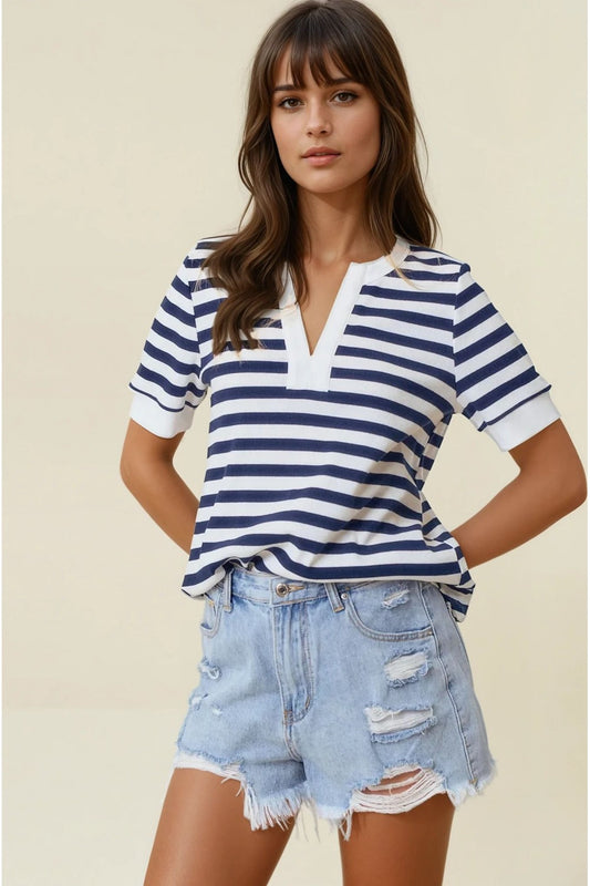 Split V-Neck Striped Top