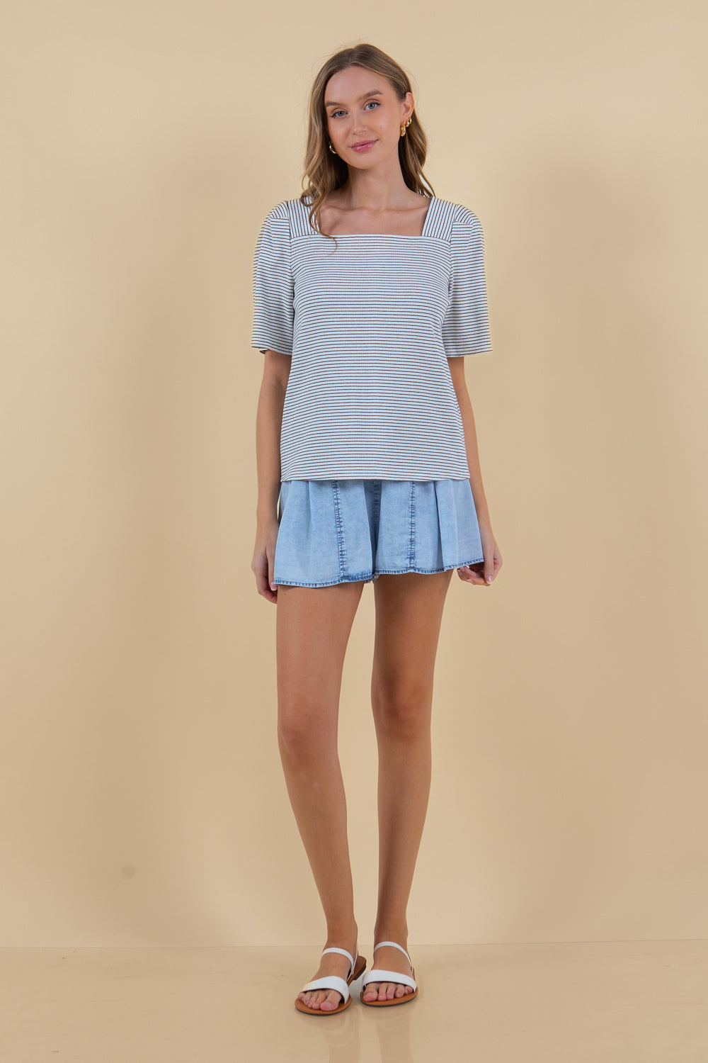 Striped Rib Square Neck Puff Short Sleeve Tee