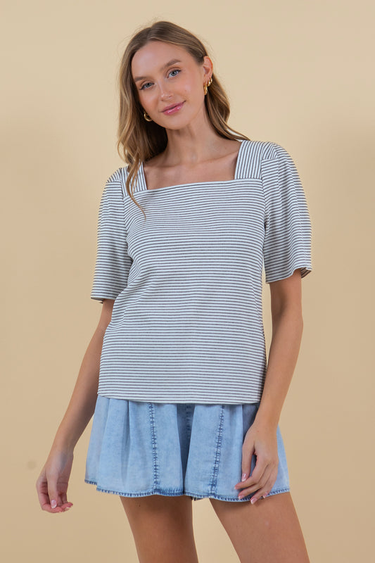 Striped Rib Square Neck Puff Short Sleeve Tee