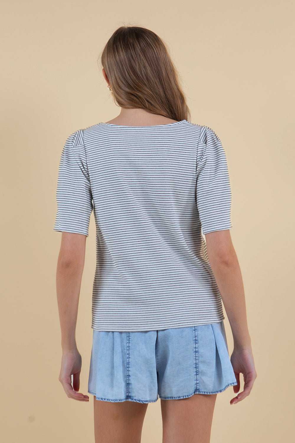 Striped Rib Square Neck Puff Short Sleeve Tee