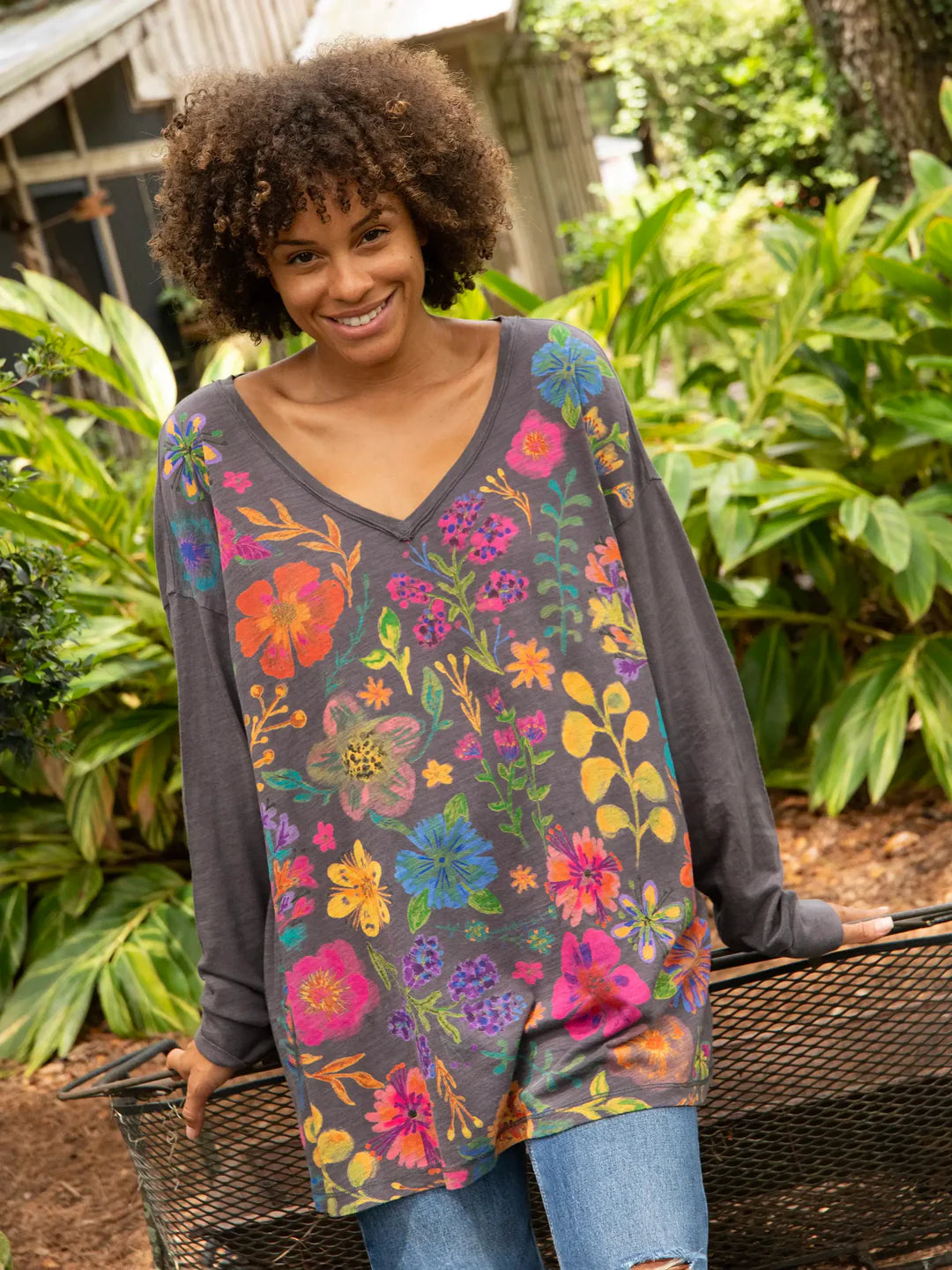 Natural Life Charcoal Floral One Size Cotton Long Sleeve Easy V-Neck Tee