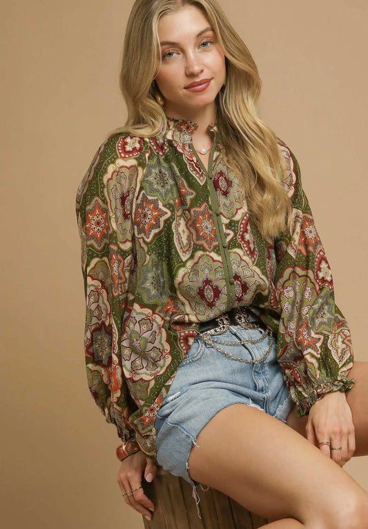 Boho Mosaic Button Down Blouse