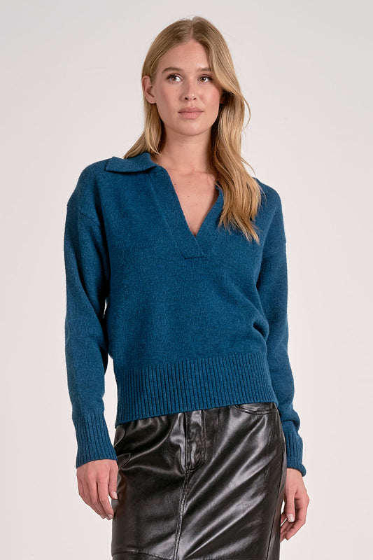 Teal Tide V-Neck Collared Sweater