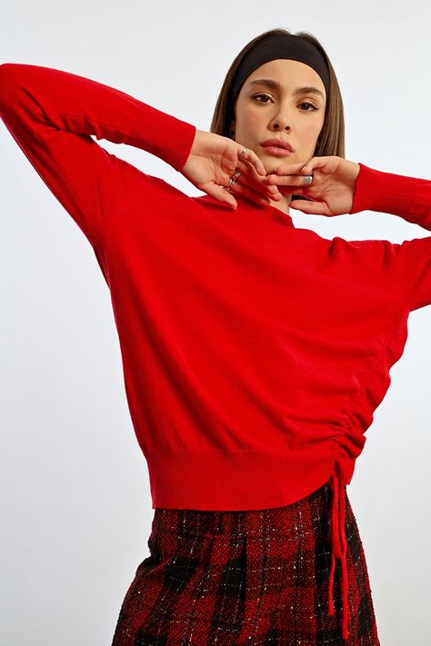 Red Ruched Crewneck Sweater Pizzazz Beloit