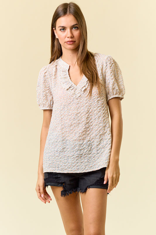 Puffy Floral Ruffled Split V-Neck Puff Short Sleeve Blouse