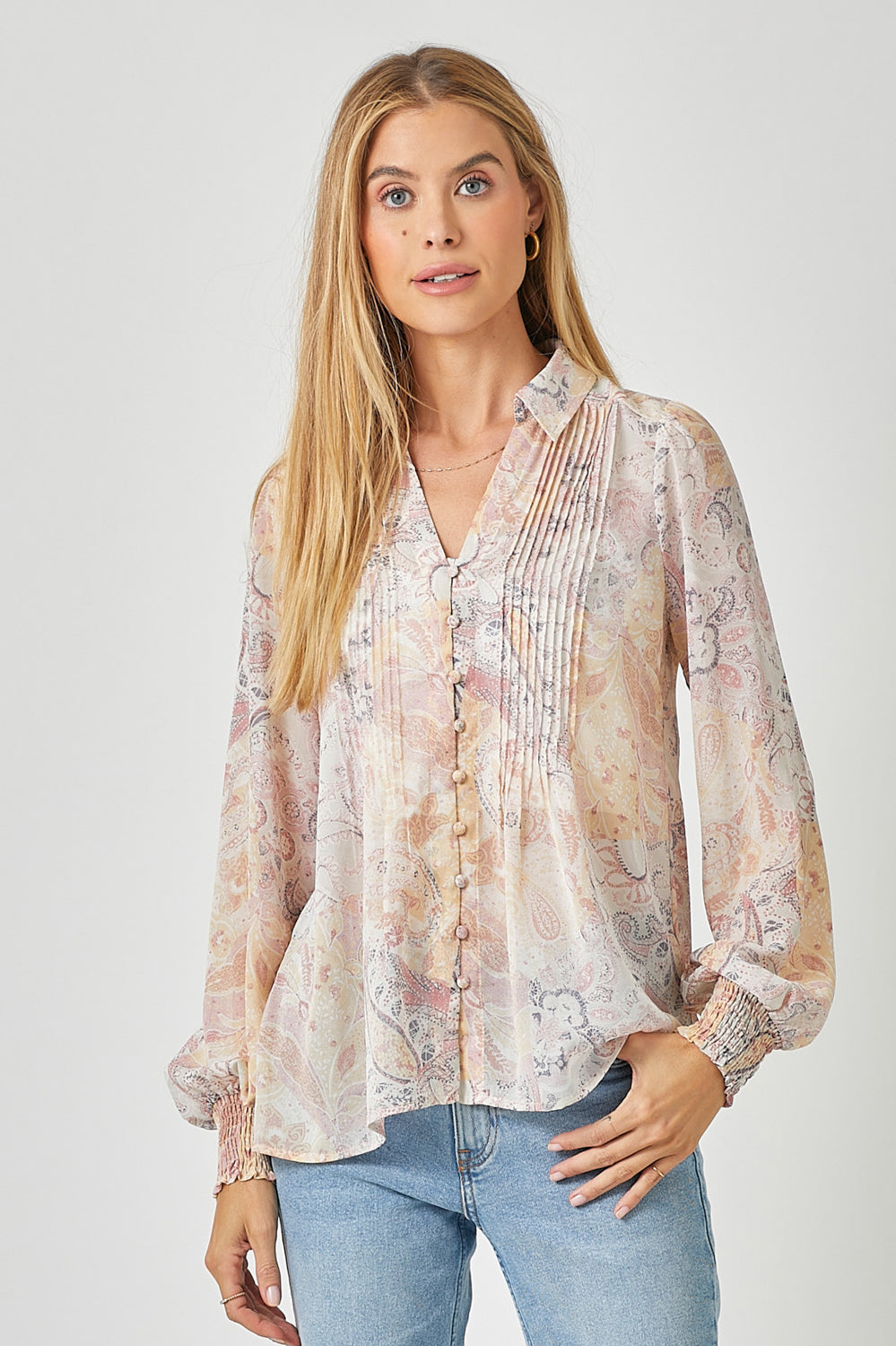 Watercolor Pintuck Print Blouse