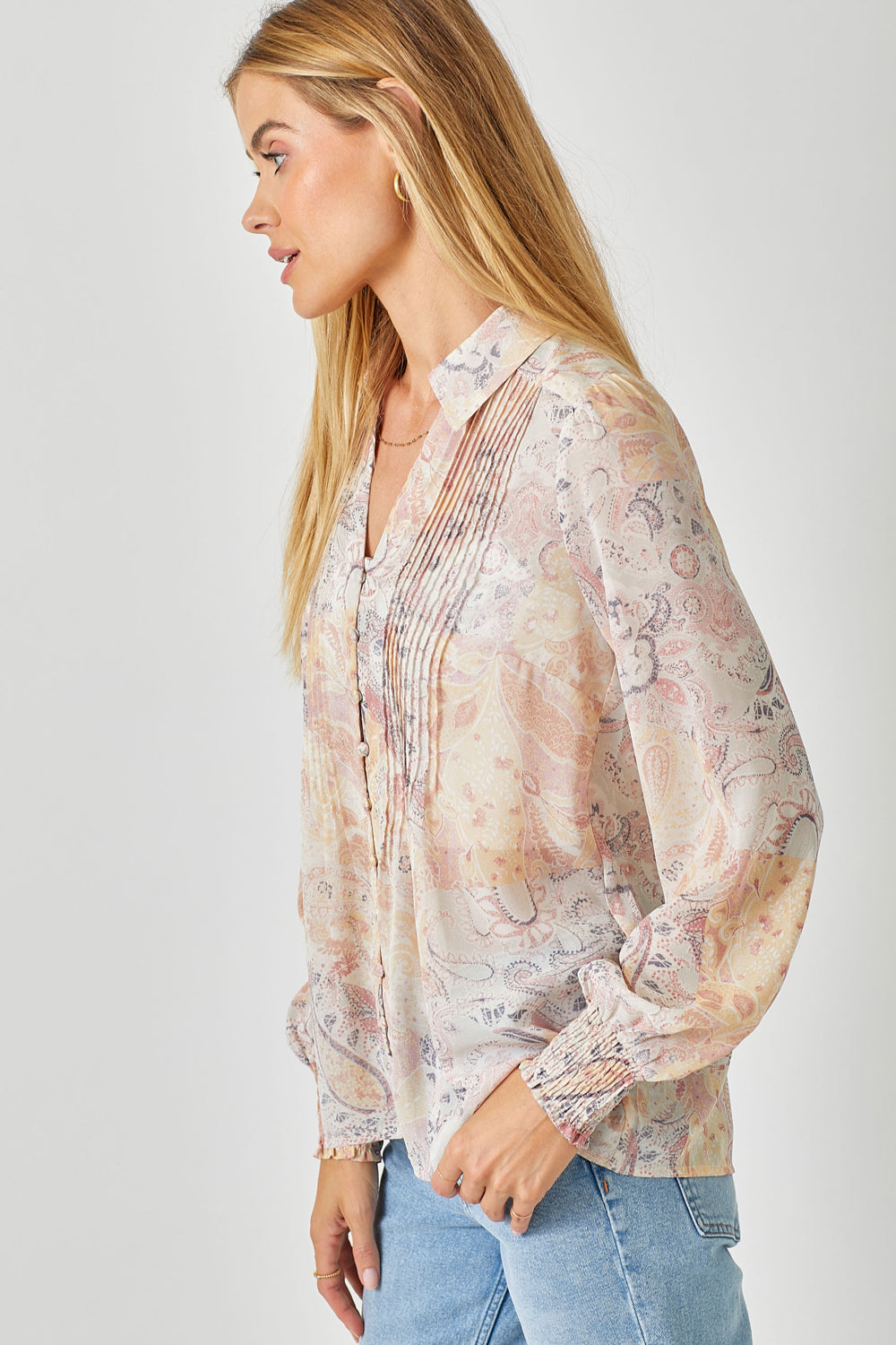 Watercolor Pintuck Print Blouse