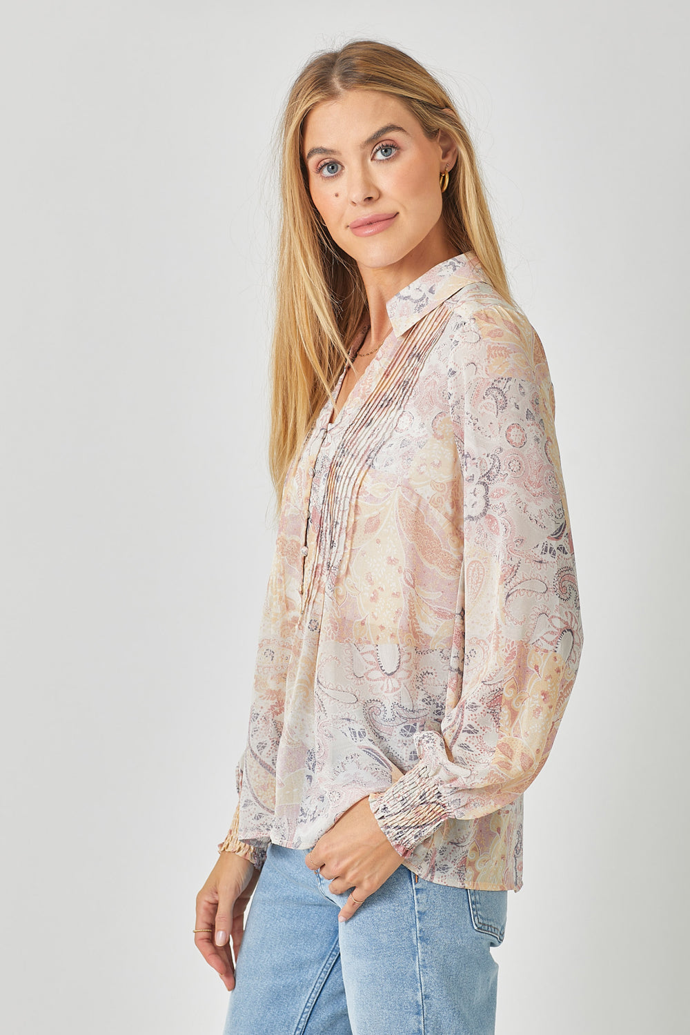 Watercolor Pintuck Print Blouse