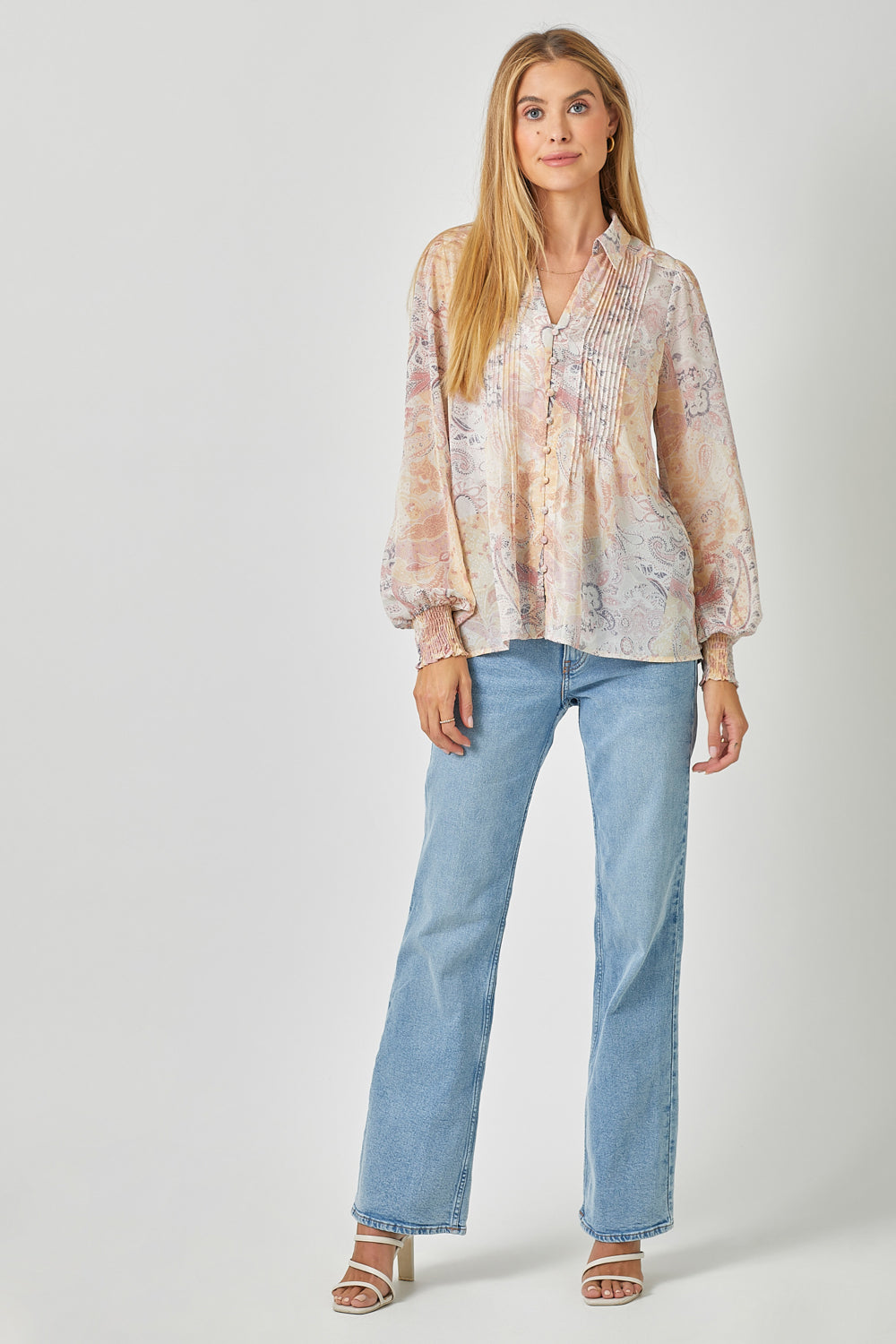 Watercolor Pintuck Print Blouse