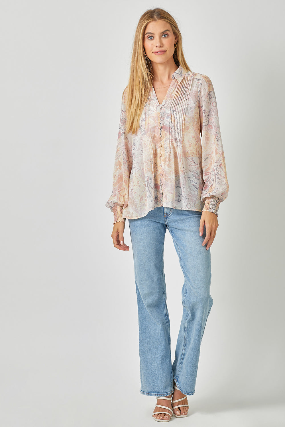 Watercolor Pintuck Print Blouse