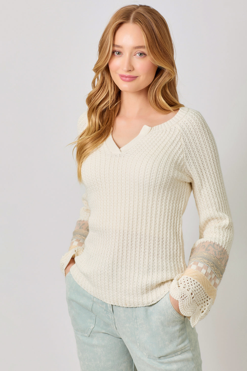 Crochet Accent Mixed Media Sleeve Henley Sweater