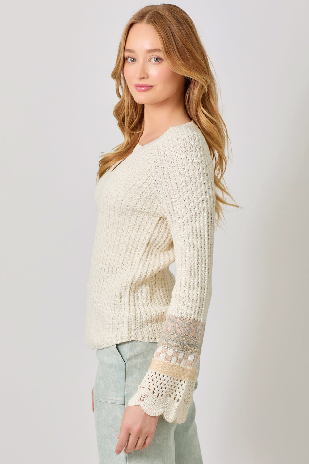 Crochet Accent Mixed Media Sleeve Henley Sweater