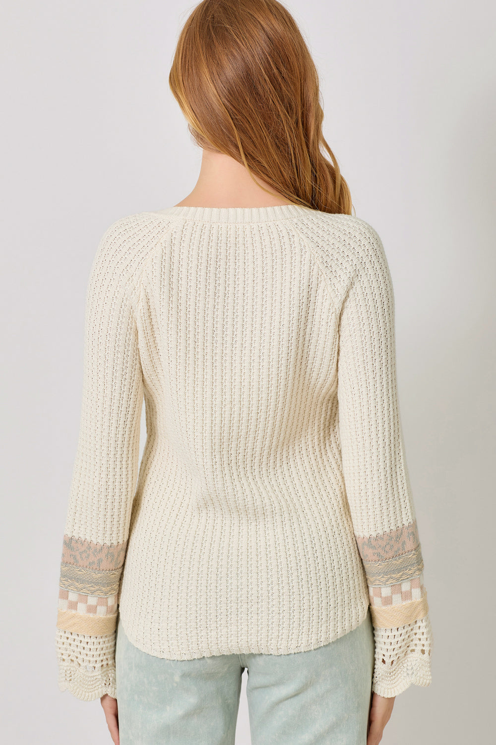 Crochet Accent Mixed Media Sleeve Henley Sweater