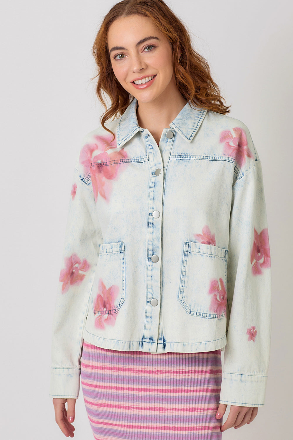 Washed Denim Floral Printed Denim Shacket