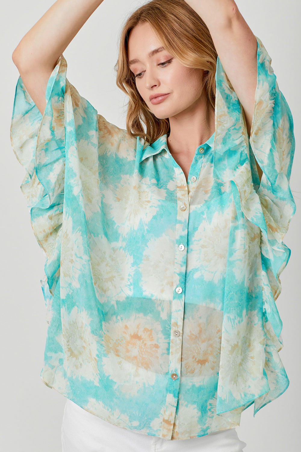 Watercolor Ruffle Accent Kimono Shirt
