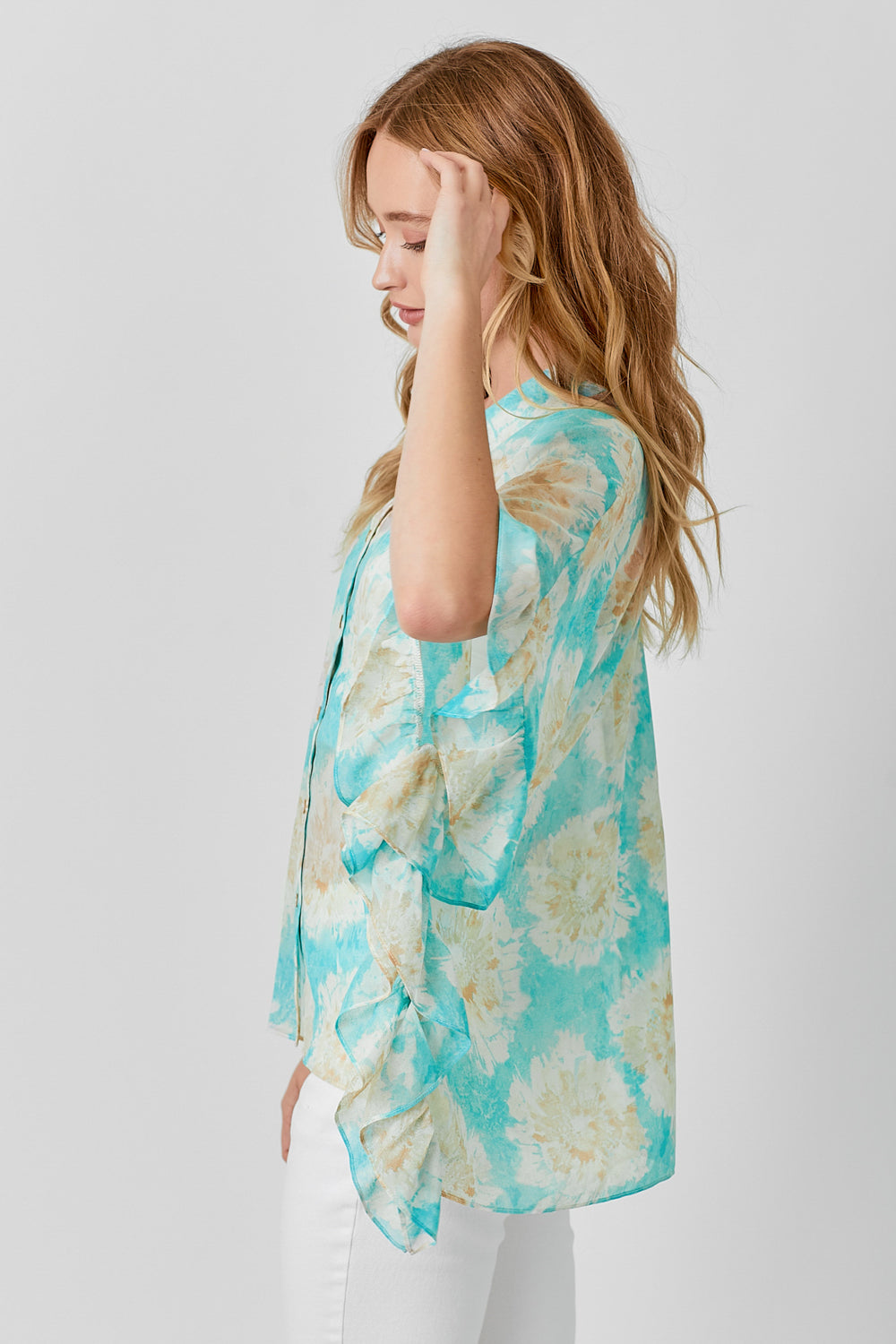 Watercolor Ruffle Accent Kimono Shirt