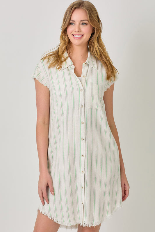 Mint Stripe Frayed EdgeShirt Dress