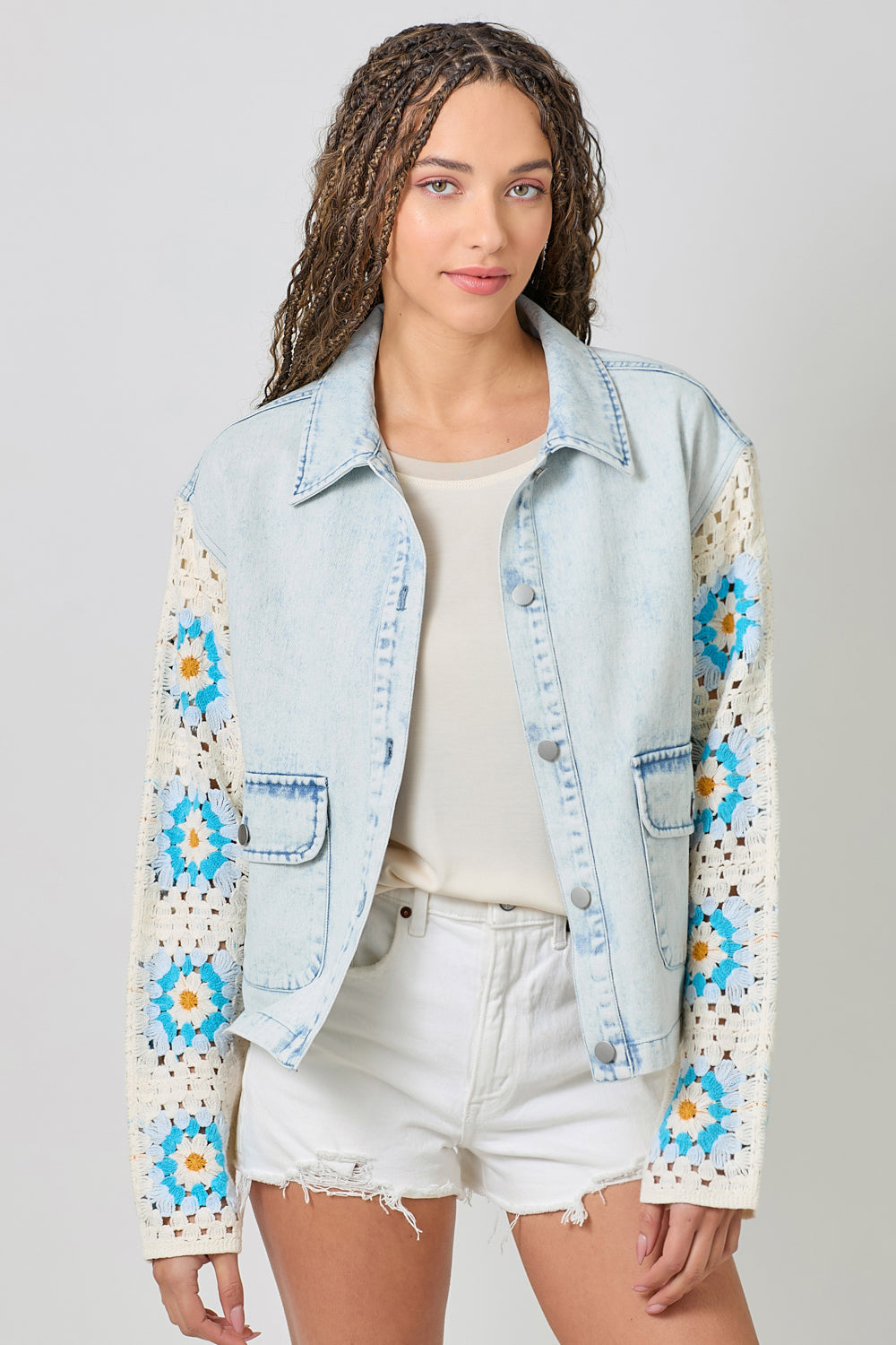 Crochet Sleeve Washed Denim Jacket