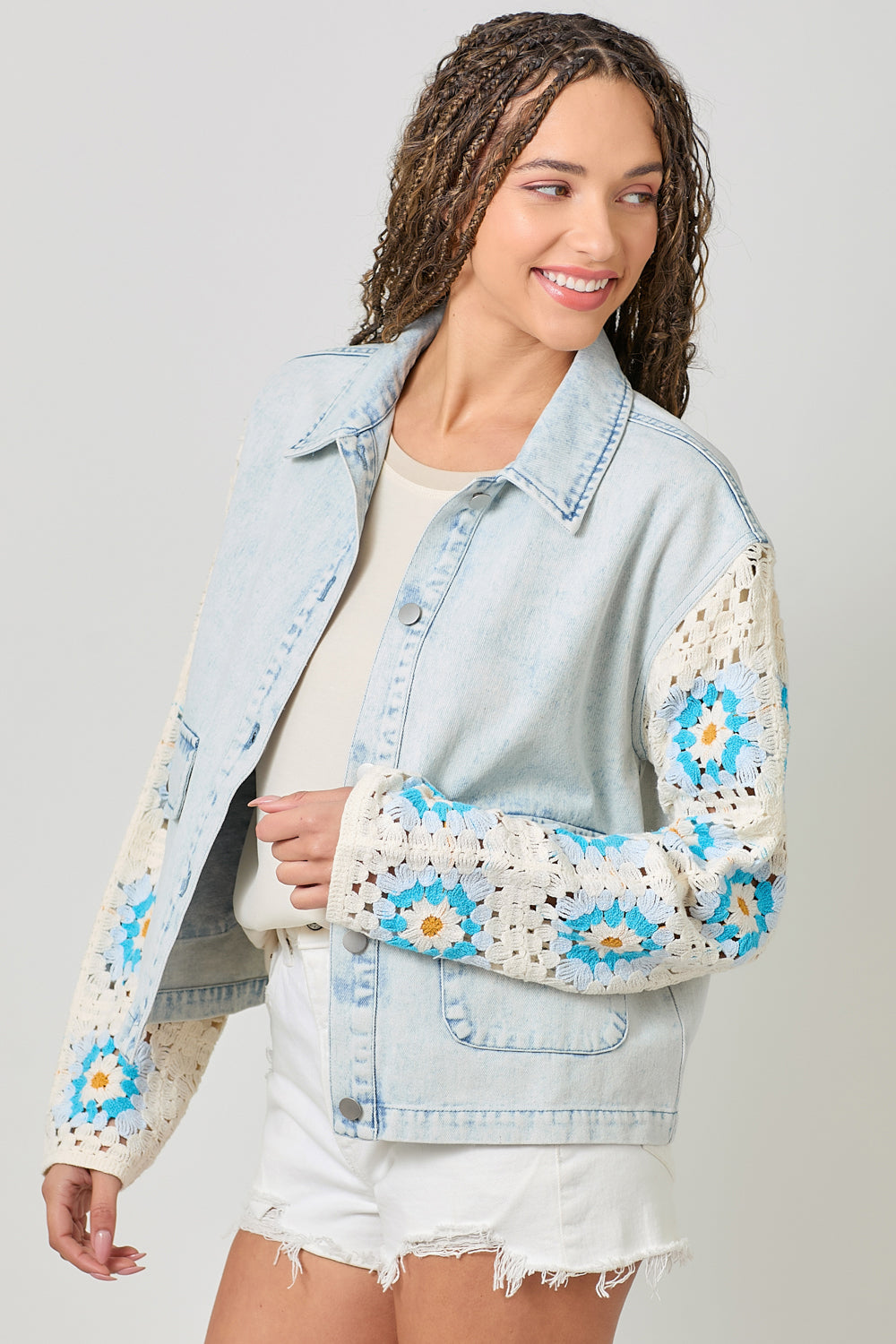 Crochet Sleeve Washed Denim Jacket