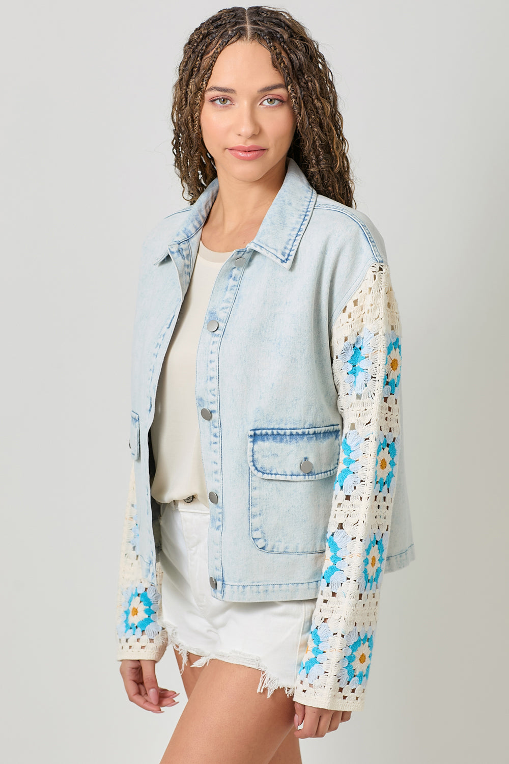 Crochet Sleeve Washed Denim Jacket