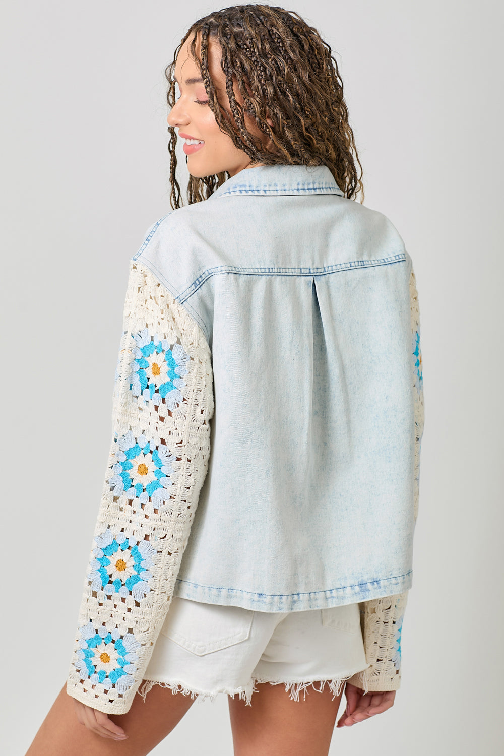 Crochet Sleeve Washed Denim Jacket