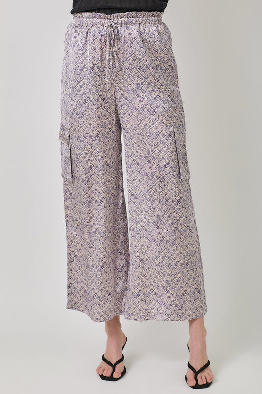 Satin Printed Wide Leg Cargo Pants