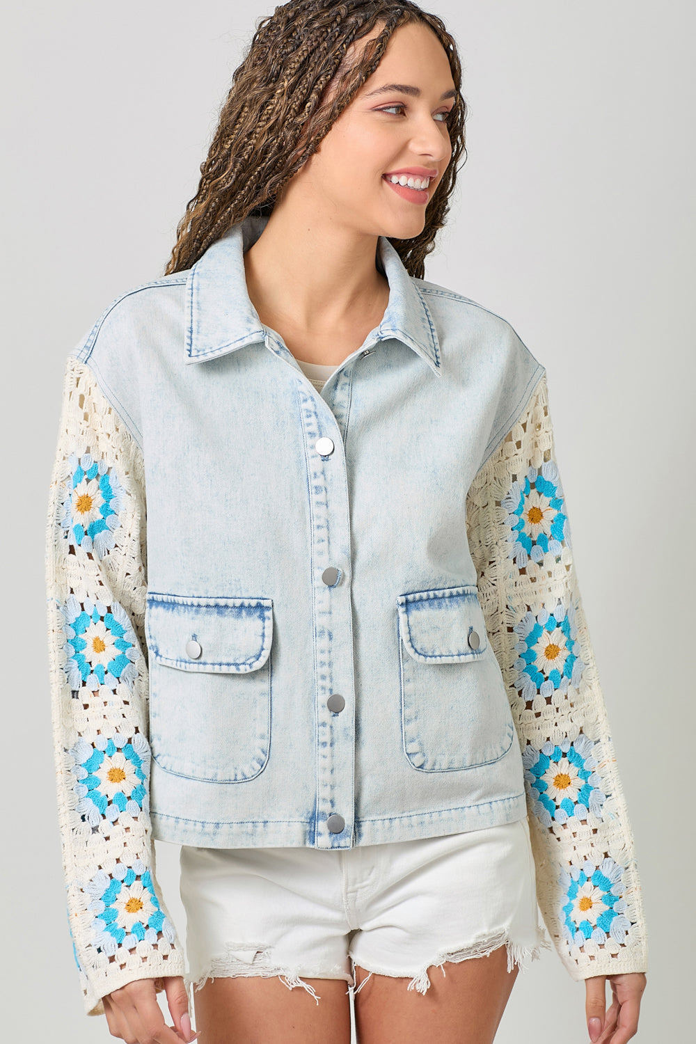 Crochet Sleeve Washed Denim Jacket