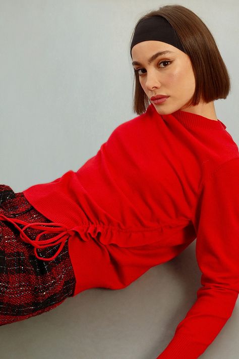 Red Ruched Crewneck Sweater Pizzazz Beloit