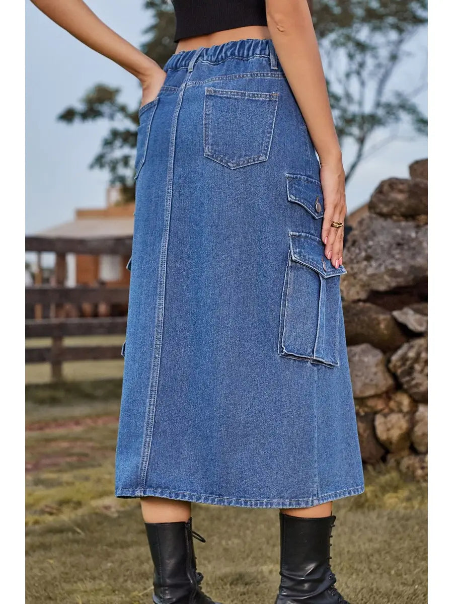 Front Split Long Length Denim Skirt