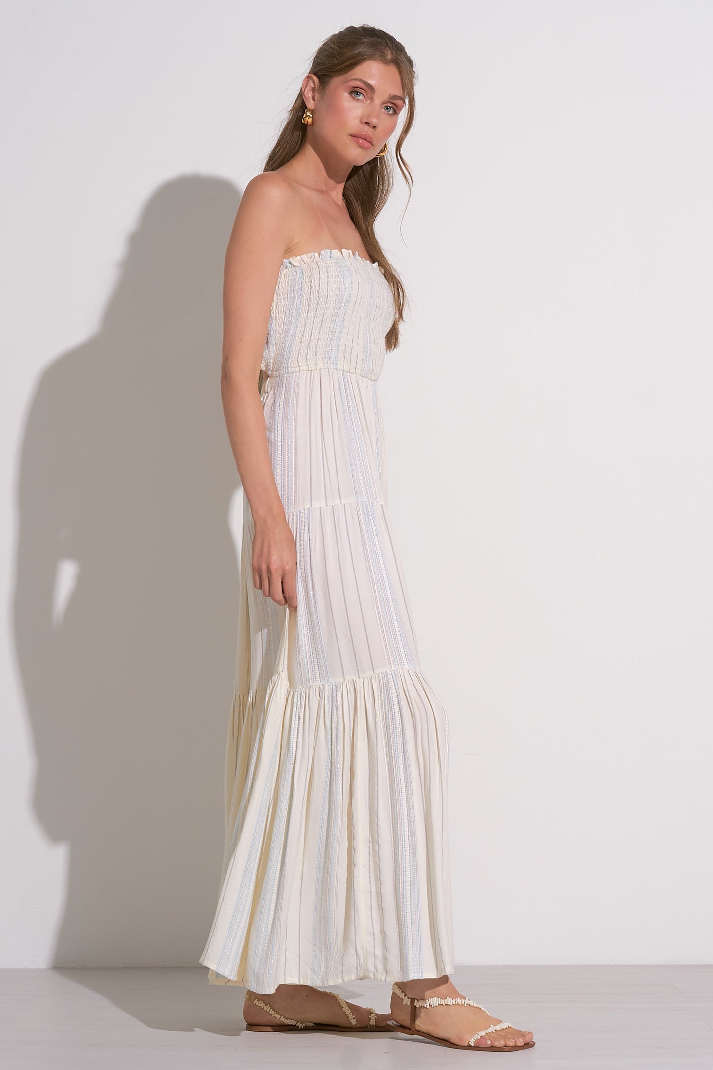 Smocked Strapless Blue Stripe Maxi Dress