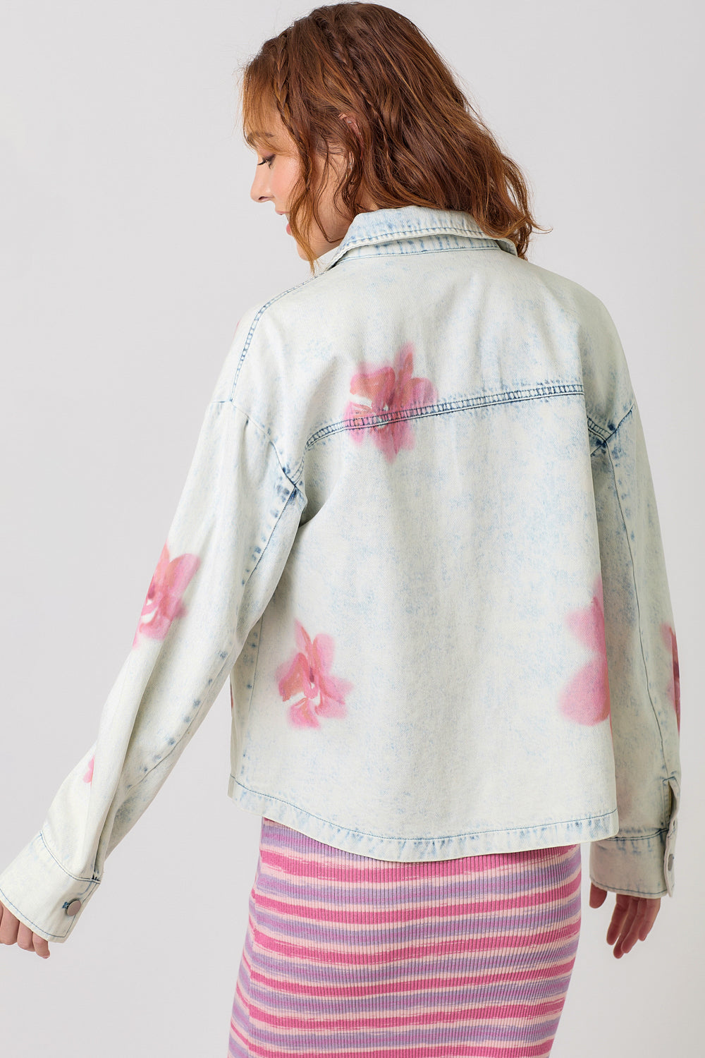 Washed Denim Floral Printed Denim Shacket