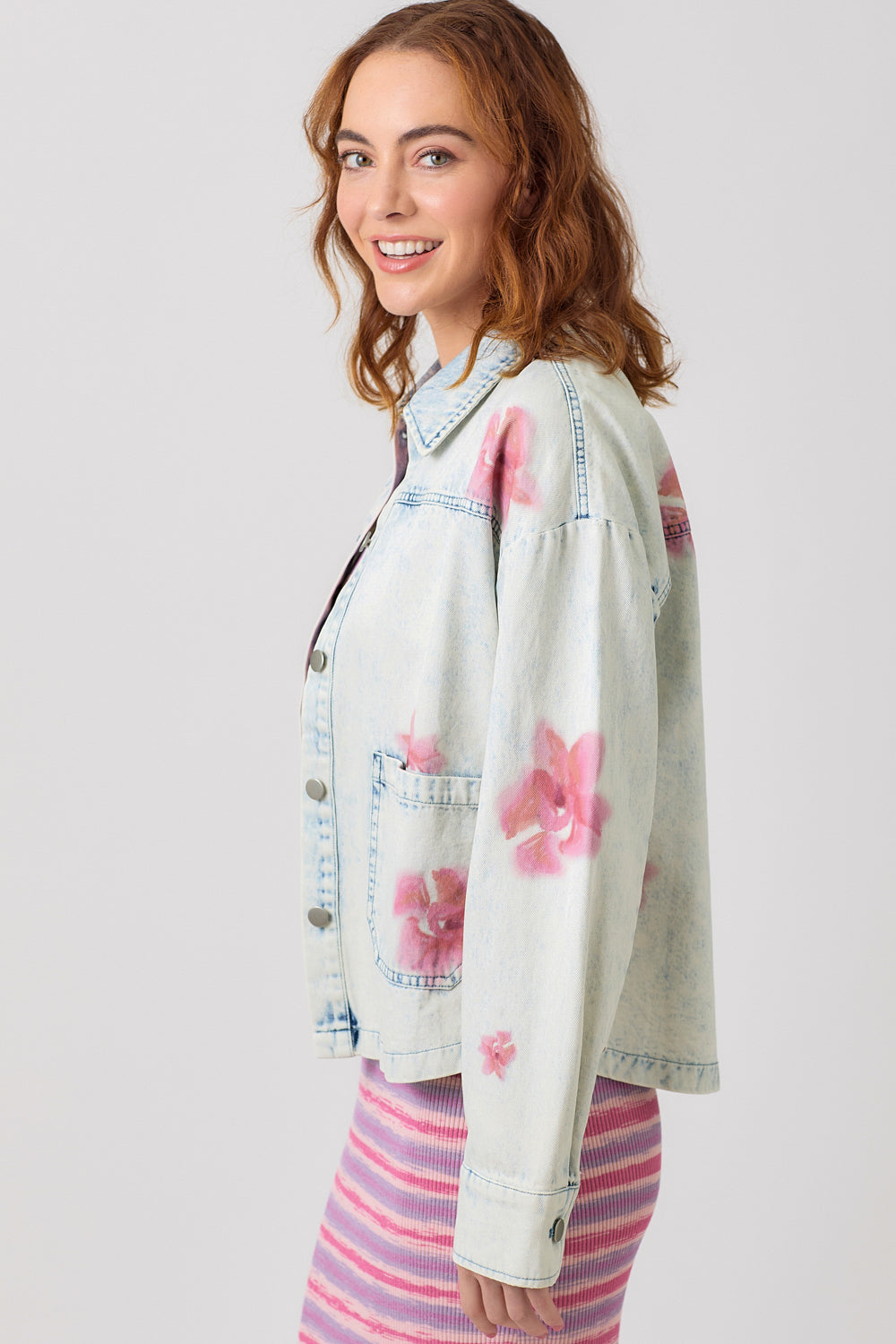 Washed Denim Floral Printed Denim Shacket