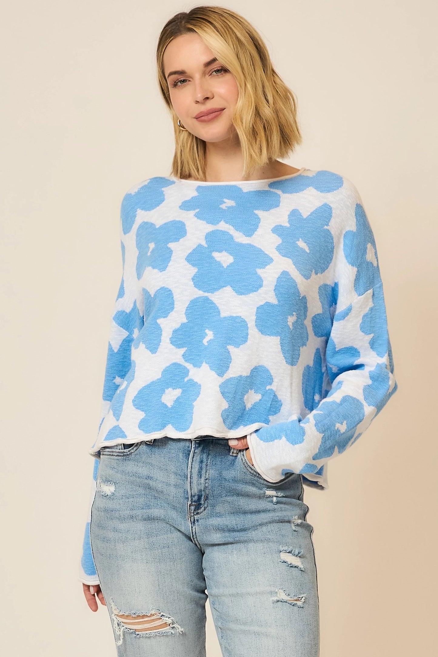 Blue Skies & Blooms Boat Neck Sweater